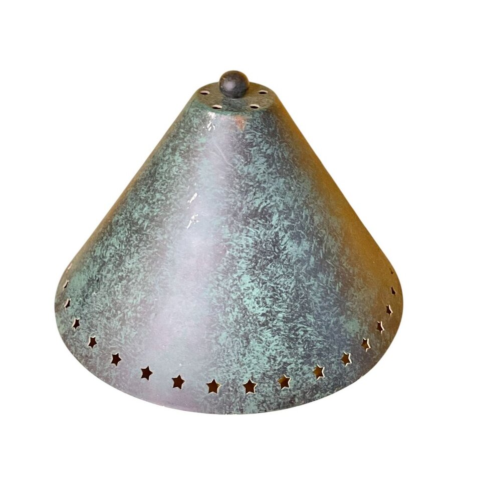 Vintage Cone-Shaped Metal Lamp Shade With Star Cutouts & Patina Finish